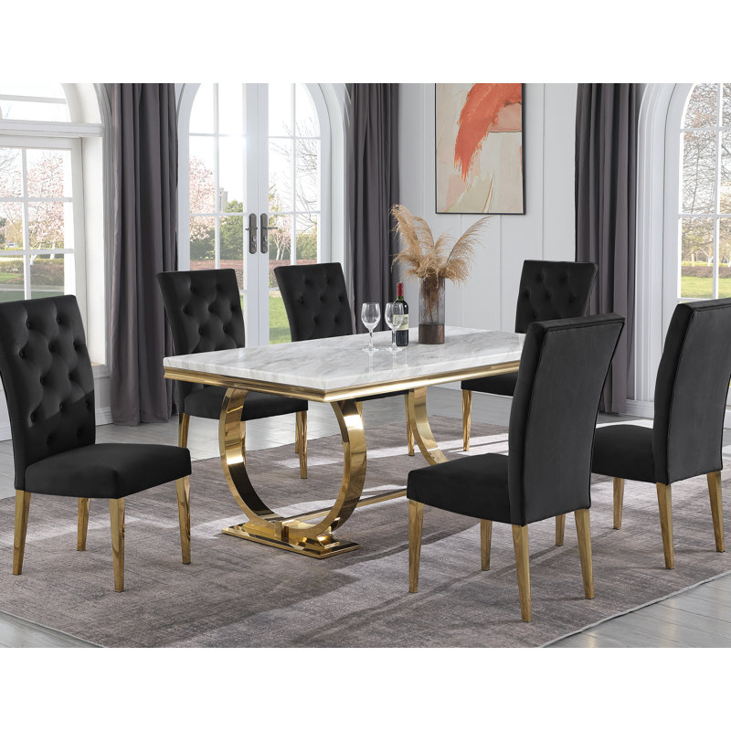 Beriguette 7 Piece Faux Marble 70" Rectangular Table Dining Set , Black/Gold, Gold