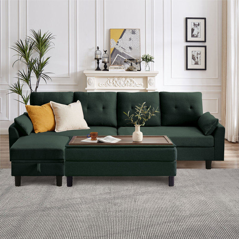 102.4" Wide Sofa with Storage Ottoman and Long Bench with Coffee Table, Green Polyester Blend