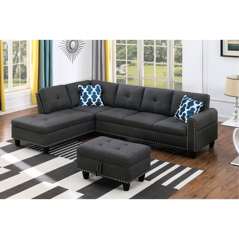 3 pièces, gris anthracite foncé, canapé modulaire, console porte-gobelet, visionnage de films et de télévision, coussins décoratifs, rangement, structure solide, similicuir, rembourrage en mousse en forme de L gris