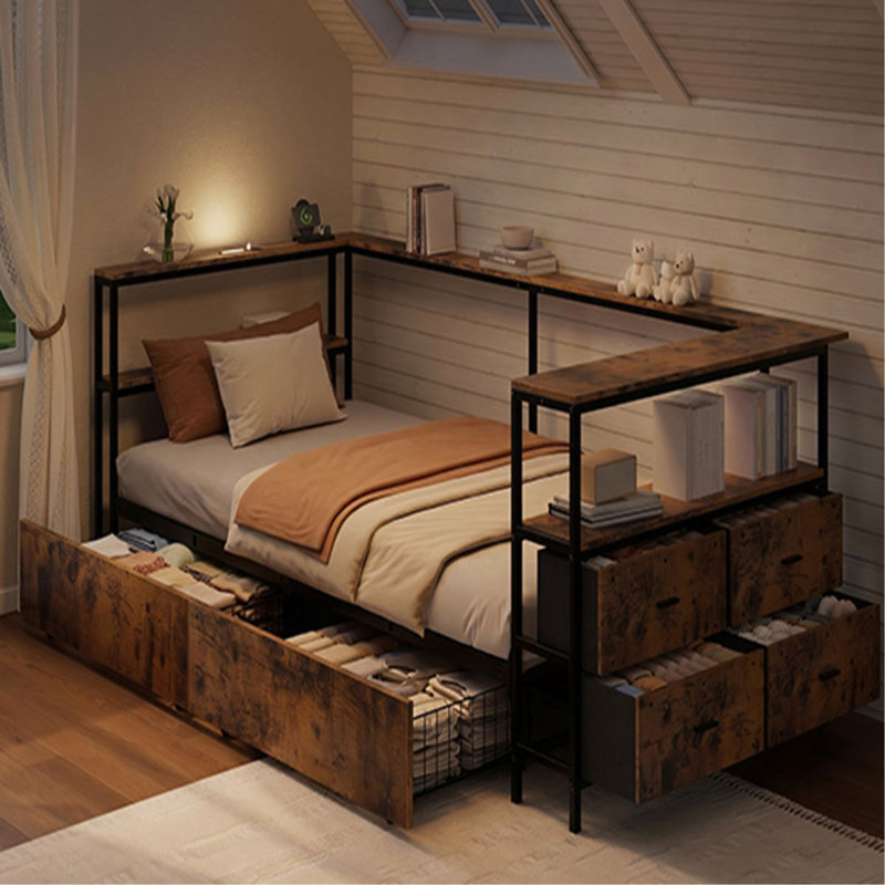 Cadre de lit simple d'angle Structure de lit plateforme simple en métal avec tiroirs de rangement Lit de jour simple pour enfants et adolescents, cadre de lit pour enfants, noir