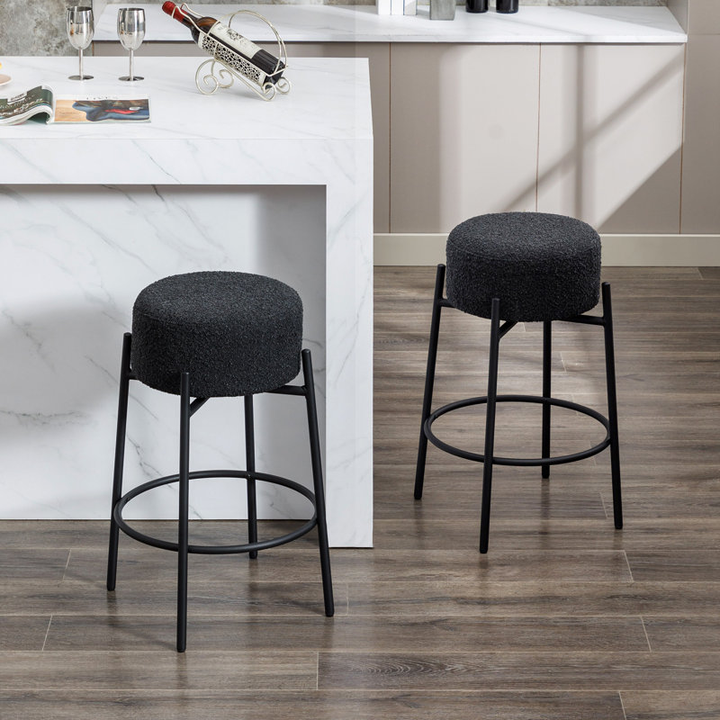 Alonsa Swivel Backless Boucle Upholstered 68cm Counter Stool with Steel Frame (Set of 2), Black, 2