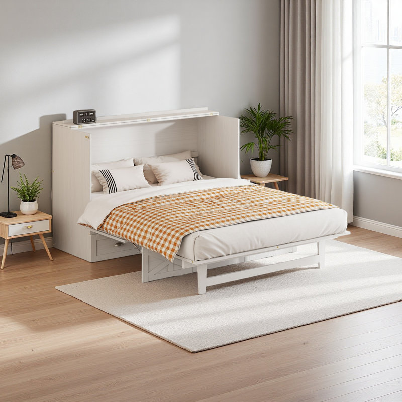 Murphy Bed With Large Drawers, Brushed White, Full