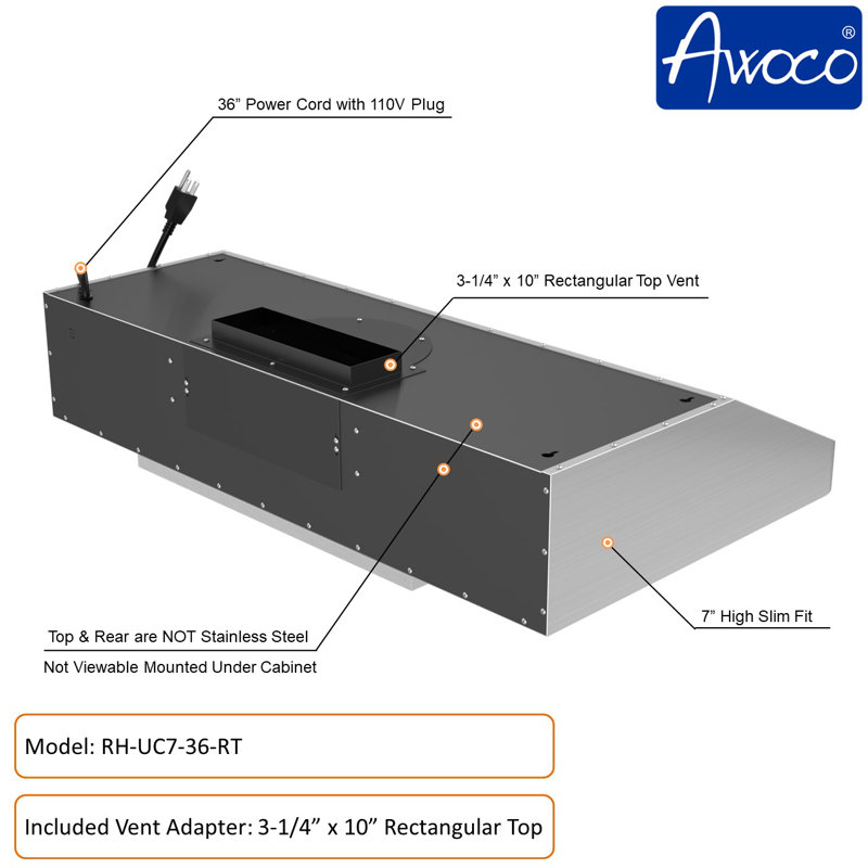 Hotte sous un meuble à conduit 36 pouces avec filtre à chicane et lumière incluse Awoco RH-UC7-36