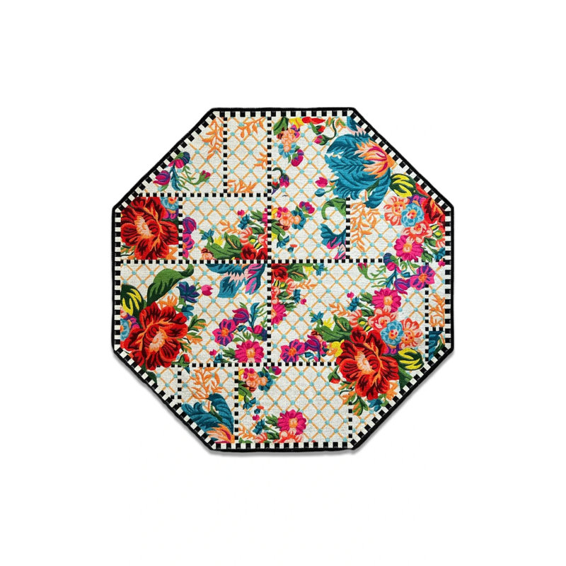 White Floral Floret Checkered Octagon Carpet, Octagon 2'8" x 2'8"