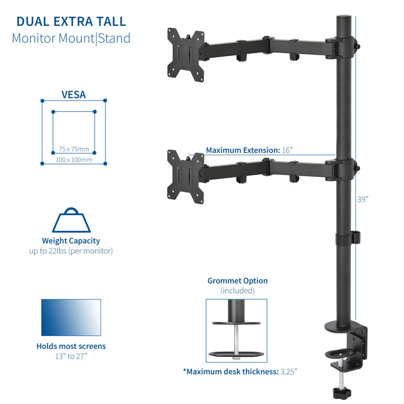 Support de bureau vertical très haut à double moniteur double