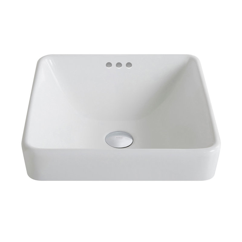 White Ceramic Square Semi-Recessed Vessel Sink with Overflow