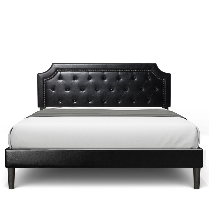 Jashod Bed Frame Upholstered Low Profile Platform Bed with Tufted Faux Leather Headboard, Black, Full
