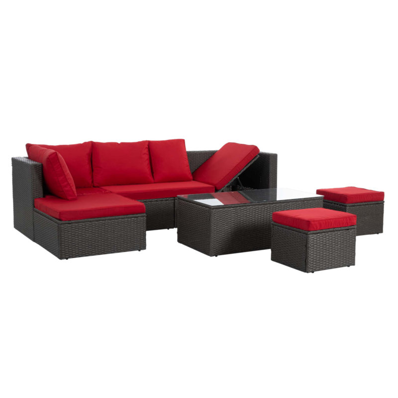 Ensemble de 7 meubles de patio saisonniers en osier avec canapé-lit réglable pour plus de confort et de durabilité, Rouge