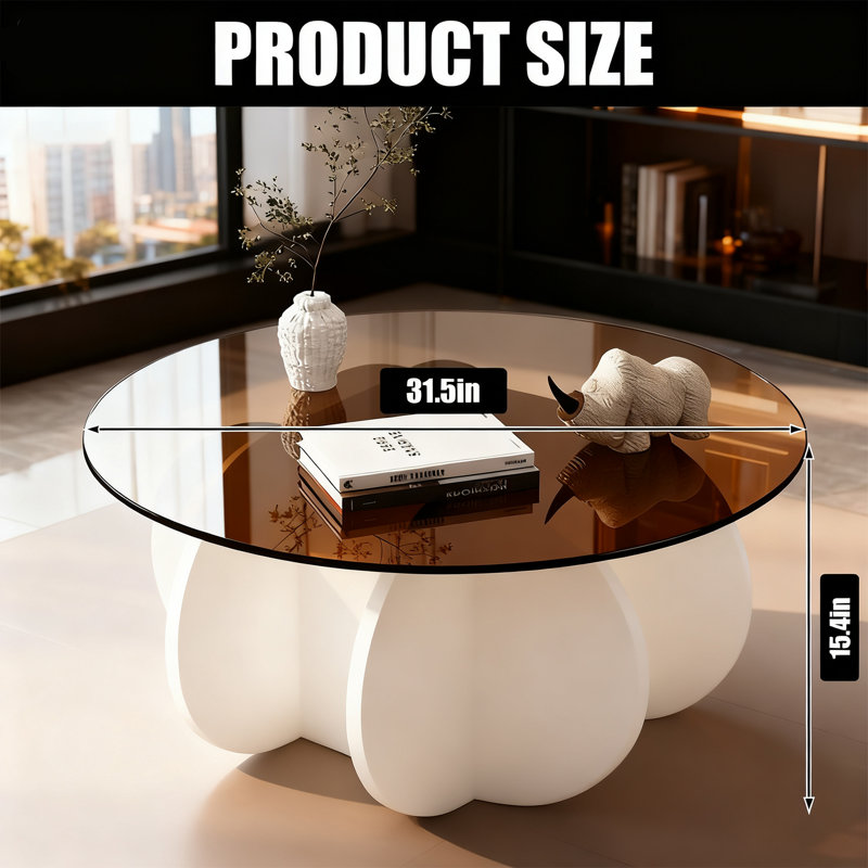 31.5" Round Tempered Glass Coffee Table, Mid Century Modern Round Cocktail Table with Solid Wood Flower Shaped Base, 170LBS Weight Capacity Decorative Center Table for Living Room, Small Apartment & Home Office