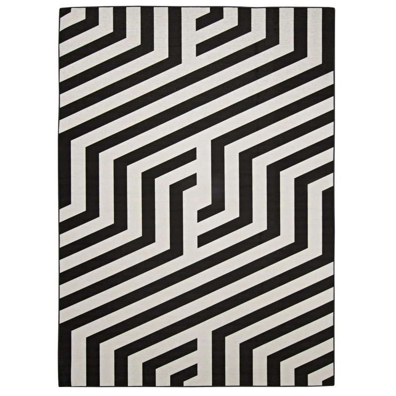 Kivett Modern Ivory and Black Indoor Outdoor Machine Washable Area Rug, Rectangle 7' x 9'