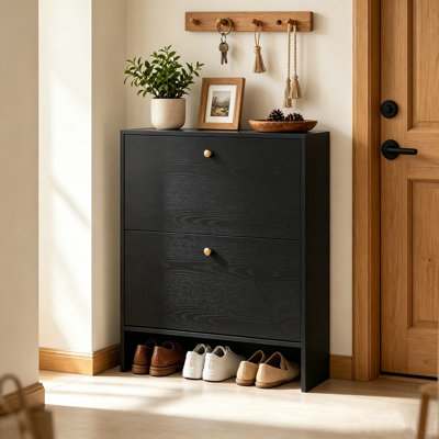 Armoire à chaussures mince pour le vestibule, armoire de rangement pour chaussures étroite de 9,4 po avec 2 tiroirs rabattables, range-chaussures dissimulé pour le couloir, le vestibule, un appartement, étagère à chaussures en bois moderne