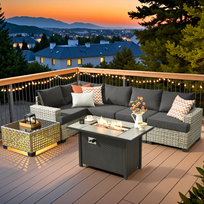 4 - Person Rattan Outdoor Seating Group With Cushions And Fire Pit Table, Black