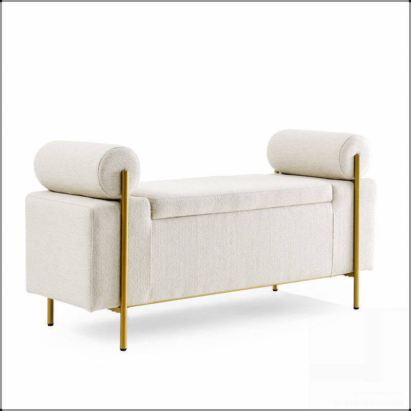 Élégant banc de rangement rembourré en lin avec accoudoirs cylindriques et pieds en fer pour le couloir, le salon, la chambre à coucher