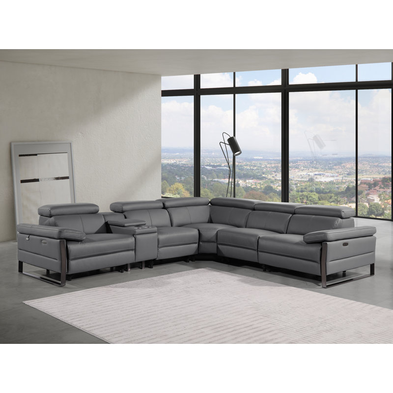 Top Grain Italian Leather 6-Piece L-Shaped Modular Power Reclining Sectional With 3 Power Recliners & Power Headrests