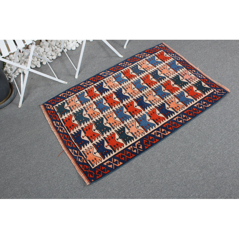 Tapis bleu tissé turc rétro bleu idéal pour la décoration de cuisine et l'esthétique de plancher antique