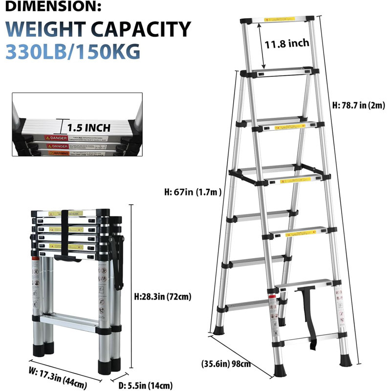 Telescoping Ladder A-Frame  Folding 6FT + 7FT Aluminium Step Ladder