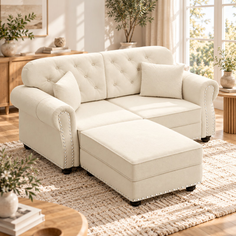 Canapé Chesterfield de 63 pouces de style Mid-Century avec repose-pieds, accoudoirs roulés et garniture cloutée, Blanc beige