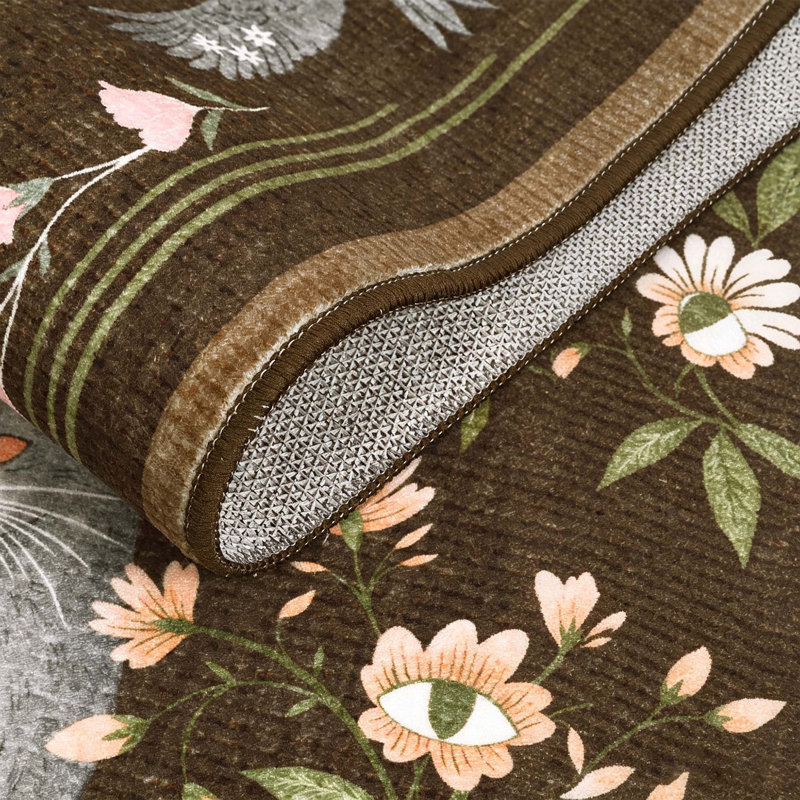 Tapis floral et chat lavable pour salle de bain, salon et chambre à coucher, Brun, Rond 60 po x 60 po