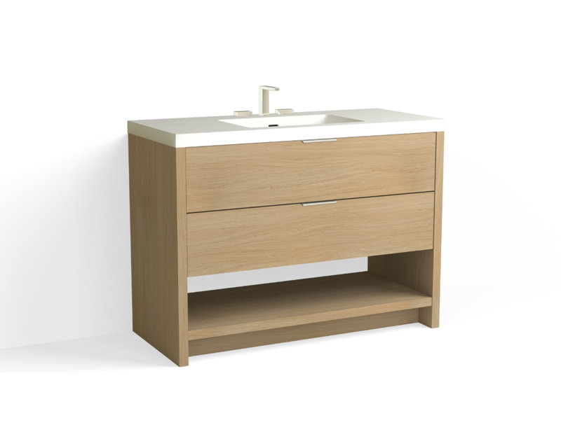 Vue 48" W Freestanding Single Bathroom Vanity, Biondo, Matte White/8" Widespread, Polished Nickel