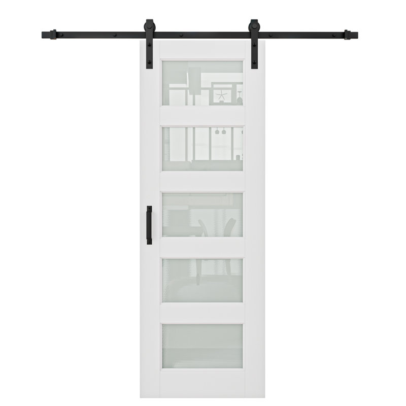 5-Lite Frosted Glass White Primed Sliding Barn Door with Installation Hardware Kit(No Assembly Required), 32" x 80"