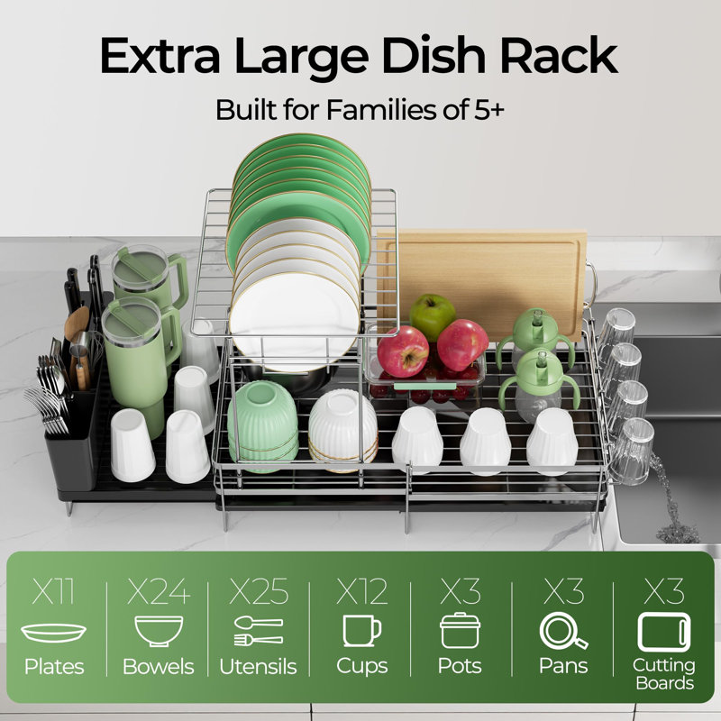 2 Tier Dish Drying Rack, Extendable Dish Rack, Stainless Steel Anti-Rust Dish Rack for Kitchen Counter