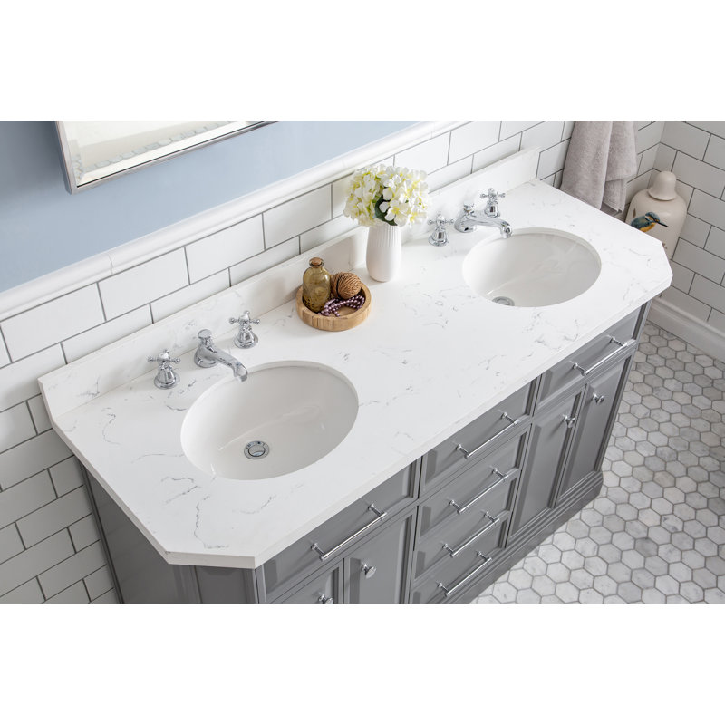 60" Palace Collection Quartz Carrara Cashmere Grey Bathroom Vanity Set With Hardware And F2-0009 Faucets in Chrome Finish