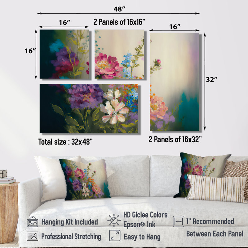 «Painted Blossoming Wildflowers III», art mural floral grand, 4 pièces, Impression encadrée sans passe-partout, Noir