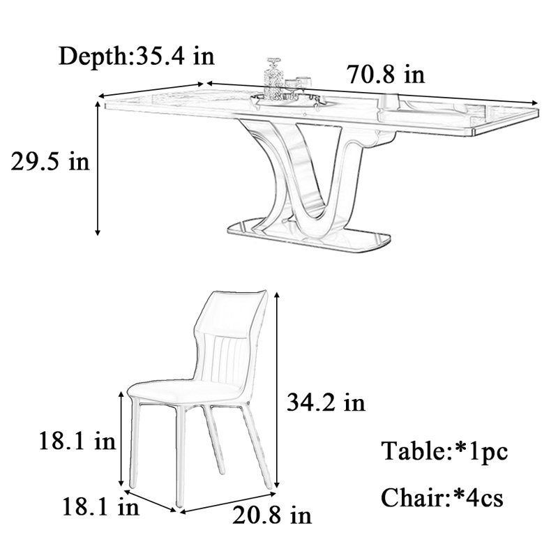 Table et chaise de luxe domestique, Blanc / gris, H 29,5 po x L 70,8 po x l 35,4 po