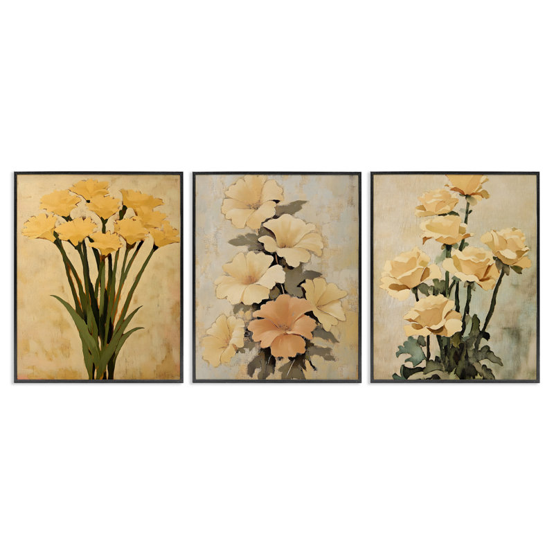 «Vintage Yellow Daffodils & Roses», ensemble de 3 giclées encadrées par Franklyn Gregory, H 14 po x l 33 po