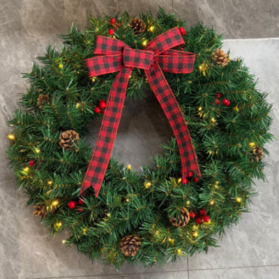 30cm Christmas Wreath with Bow and Pinecones, PVC Holiday Door Decoration