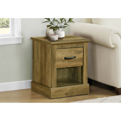 Table d'appoint de 53 cm (21 pouces), stratifié chêne brun foncé, avec tiroir de rangement et tablette ouverte pour salon ou chambre à coucher, hauteur 53 cm (21 pouces).