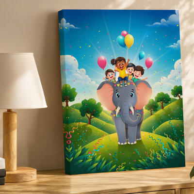 Toile, "Une scène fantaisiste et vibrante", art mural orné d'éléphants gris avec décorations colorées