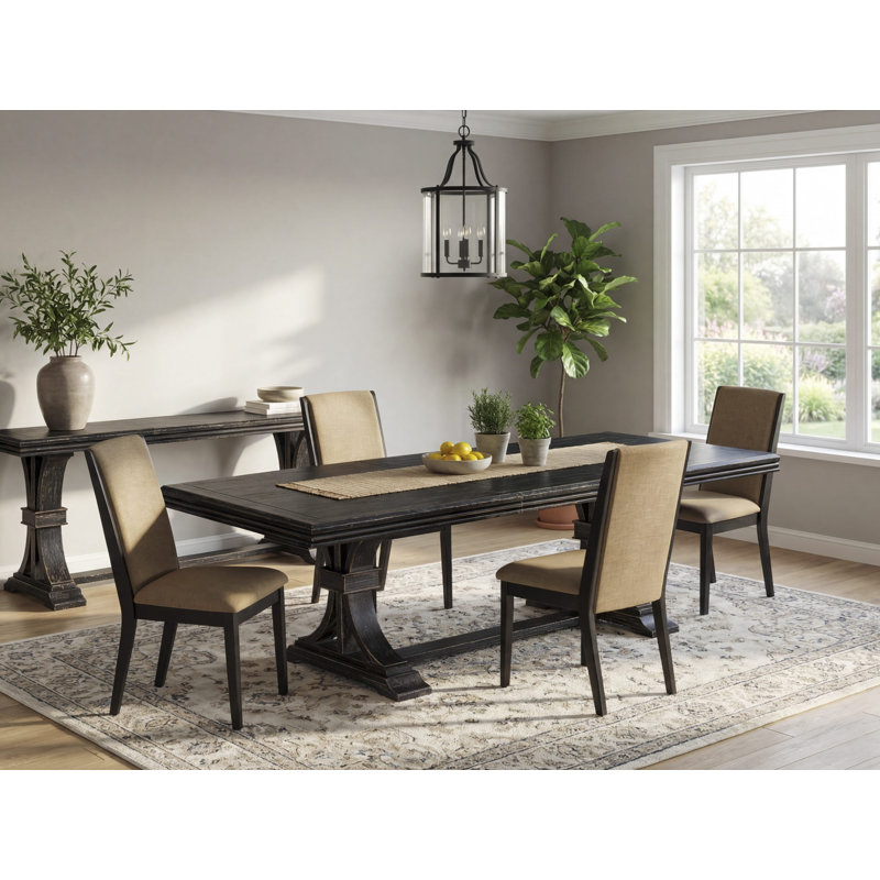L'ensemble de table de salle à manger 5 pièces se compose d'une table de salle à manger rectangulaire et de 4 chaises de cuisine en tissu de lin sable clair avec pieds noirs - Finition sable