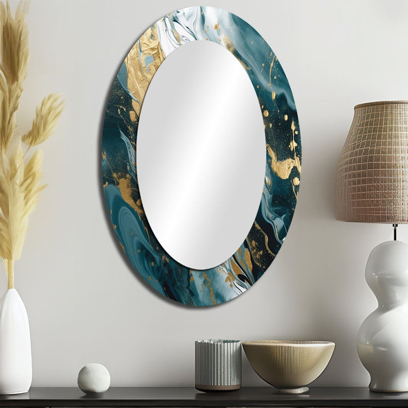 Blue And Gold Serene Cascade - Abstract Blue Round Mirror, 43" x 33", Oval