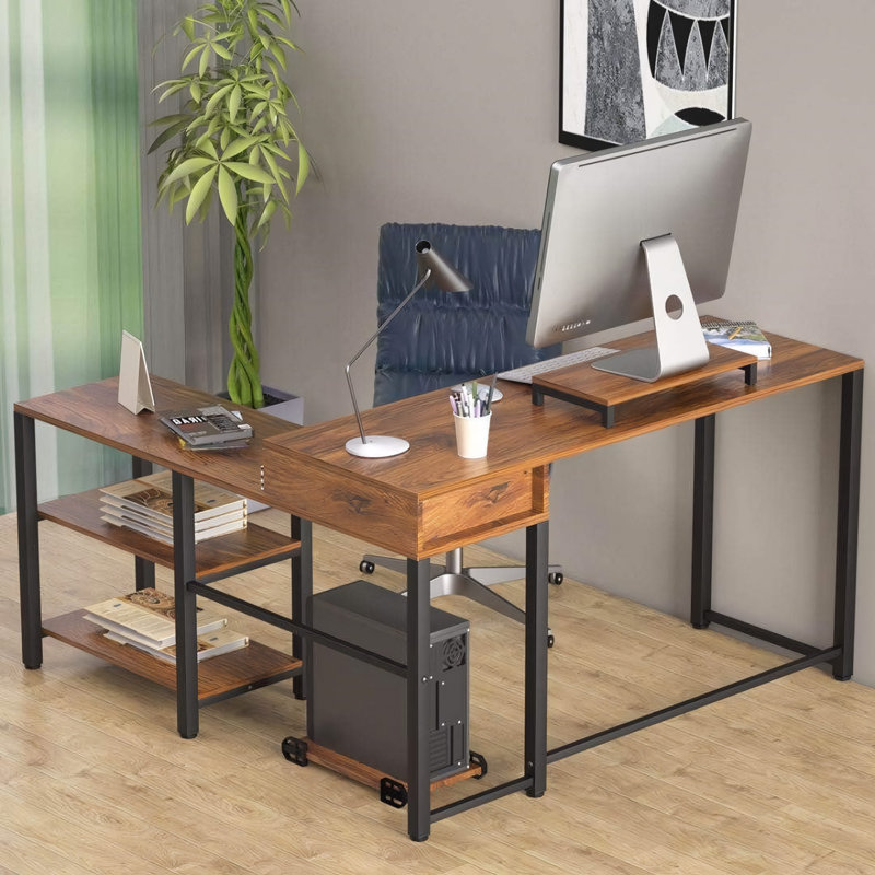 Bureau d'ordinateur en forme de L, bureau de coin en bois rustique de 50 po avec structure en métal, tablettes de rangement, crochet pour casque d'écoute pour la maison et le bureau - Hj-cdesk-150-b
