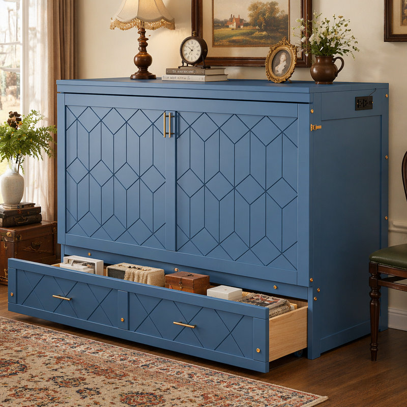Lit escamotable mural Murphy avec tiroir et ensemble de prises, ports USB, Navy Blue