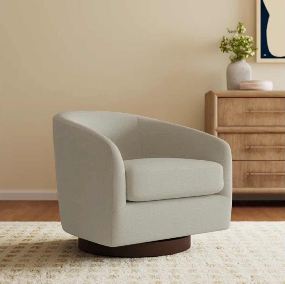 Bennett Upholstered Swivel Barrel Chair With Ottoman, Beige