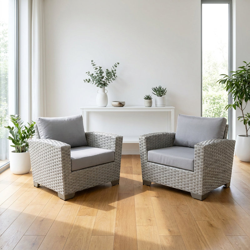 Ensemble de 2 fauteuils de patio d'extérieur en osier avec coussins, capacité 330 LBS et coussins amovibles lavables pour la cour, la terrasse, le jardin et le gris