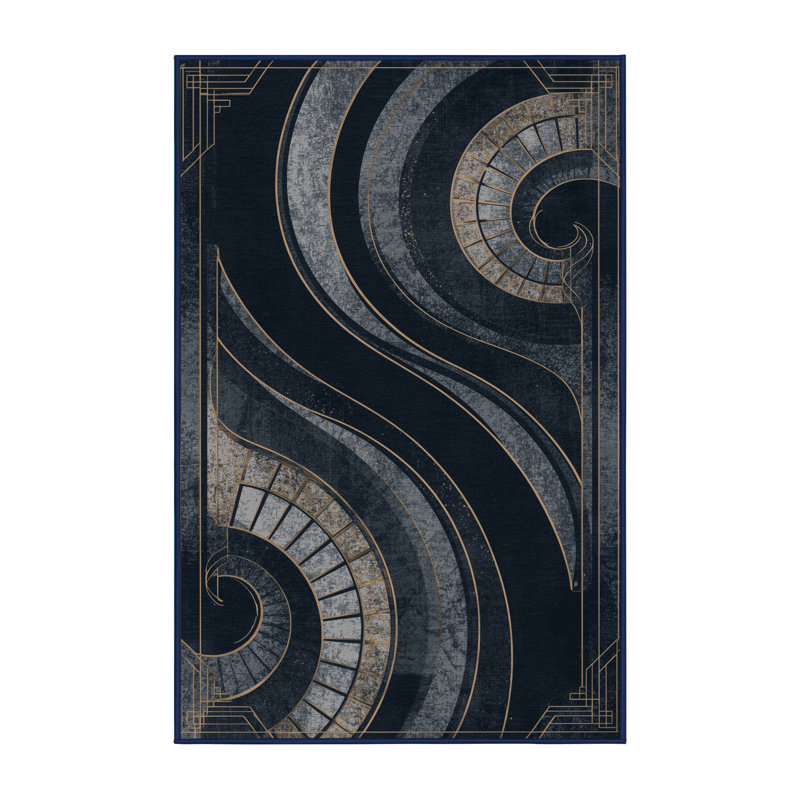 Machine Washable Palvinder Art Deco Arc Rug in Gray – Navy Binding, 3 x 5