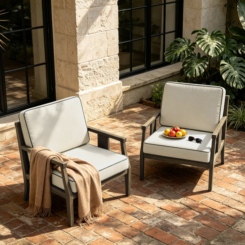 Ensemble de chaises d'extérieur en teck avec coussins Louque, Chameau clair, Brun