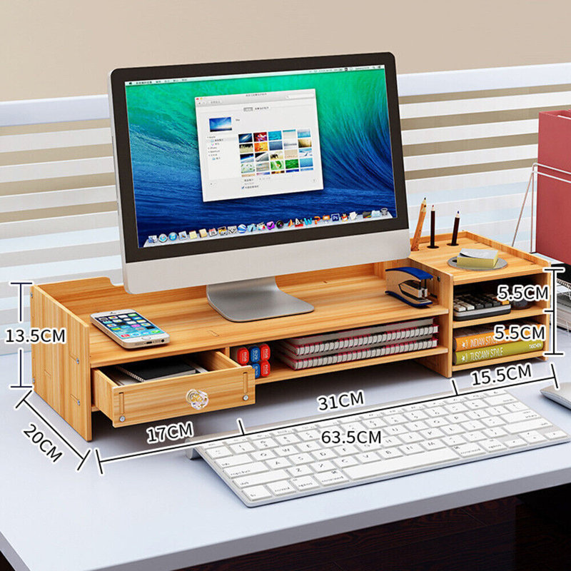 Computer Desktop Monitor Stand Riser Laptop Display Riser Storage Drawer, Manufactured Wood Monitor Stand