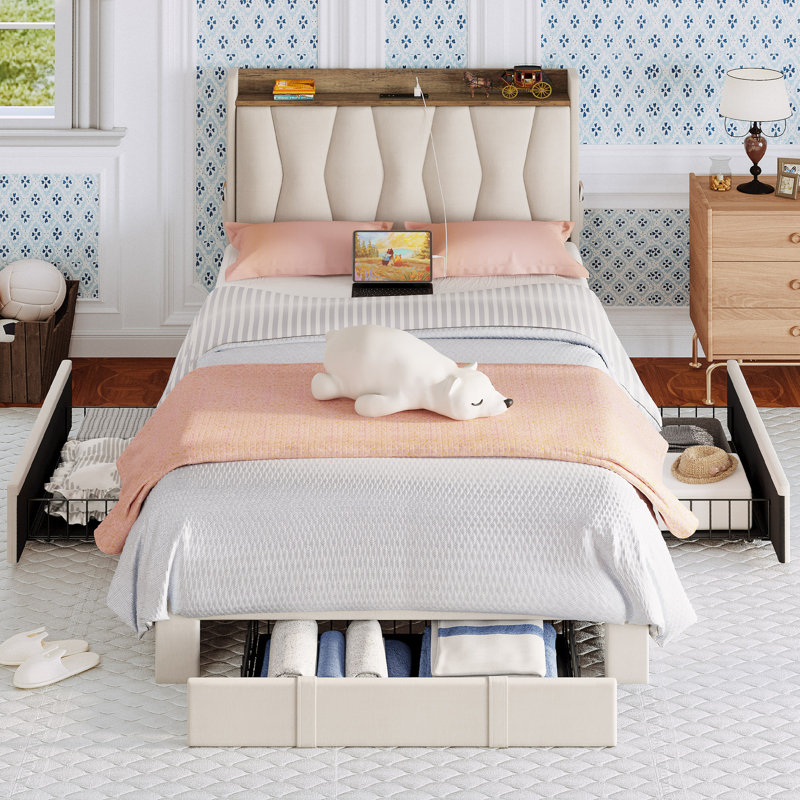 Lit tapissier Deilyn avec station de charge et 3 tiroirs, Lit simple, Beige