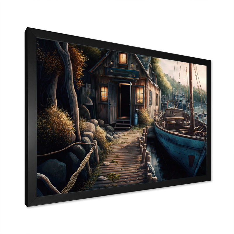 Port rustique avec un bateau de pêche II - Peinture sur toile, Impression noire sur toile encadrée