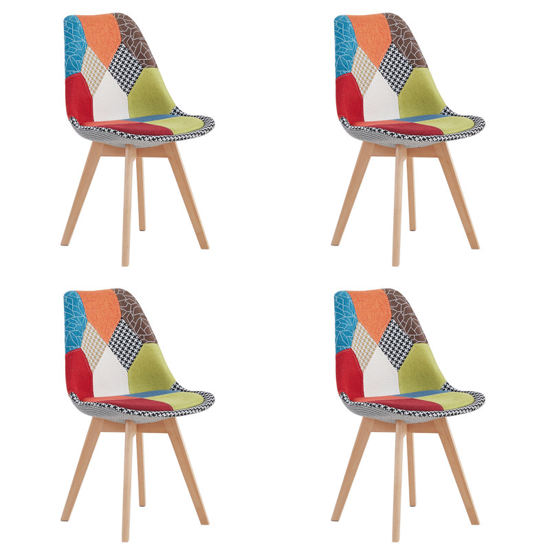 42.5cm H Patchwork Fabric Dining Chair, Retro Style Upholstered Side Chair with Solid Wood Legs, Red/Blue/Green