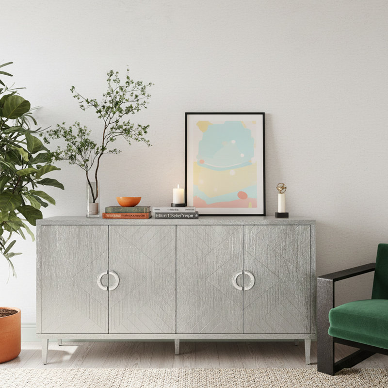 Armoire de rangement élégante et fonctionnelle à 4 portes avec pieds en pin et panneau de fibres à densité moyenne, pour le salon, la chambre à coucher et la cuisine