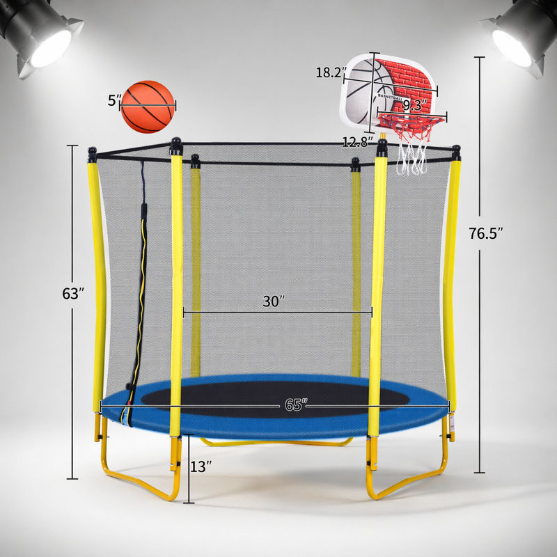 Trampoline 5,5 pi pour enfants avec enceinte, panier de basketball et ballon pour le plaisir intérieur et extérieur, sécuritaire et durable