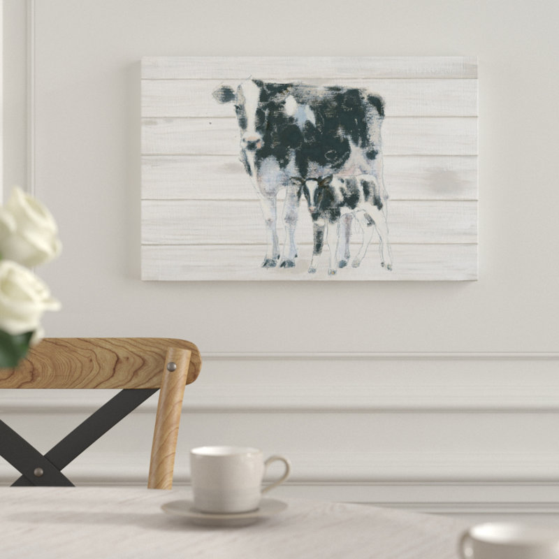 « Cow and Calf on Wood », impression sur toile tendue, H 18 po x l 26 po x P 1,5 po, Toile avec cadre noir, Pas de tapis