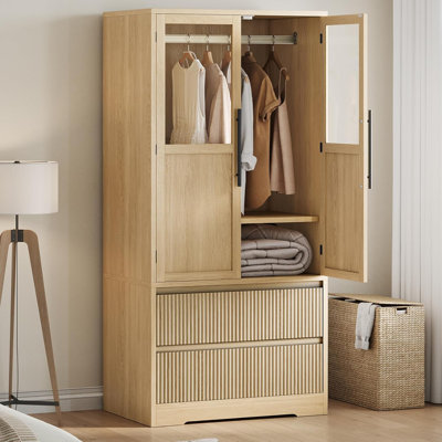 Wooden Bedroom Armoire Cabinet with Doors, Drawers & Hanging Rod – Freestanding Storage Wardrobe for Clothes, Living Room, or Bedroom, Natural Finish