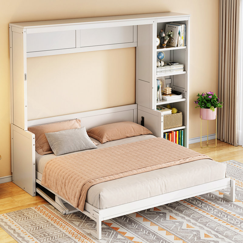 Grand lit escamotable avec bureau et bibliothèque, Blanc, Grand lit