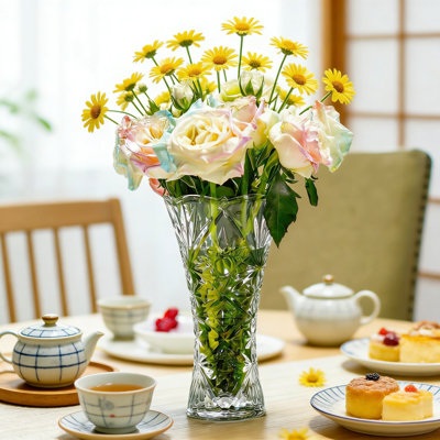 Vase en cristal transparent épaissi avec tournesol - pièce maîtresse de 9,2 pouces de hauteur pour les fleurs, cadeau idéal pour le mariage, Noël et la fête des Mères